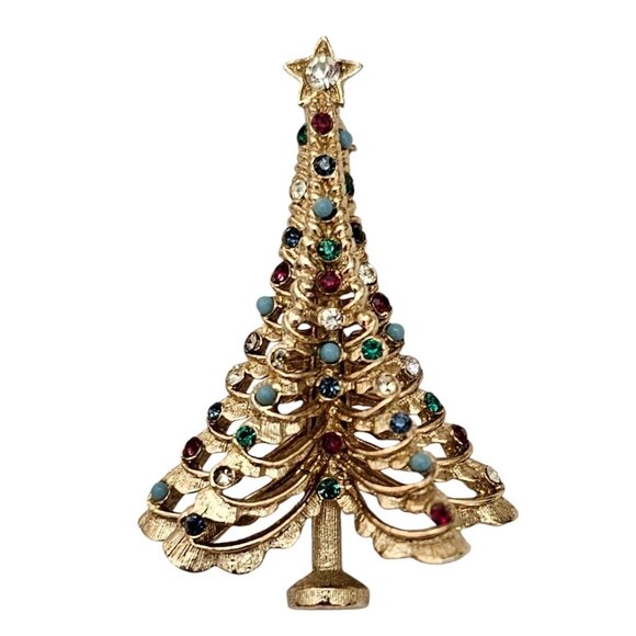 Boucher Gold Tone Christmas Tree Brooch Multi Color Stone Pin, Signed L539